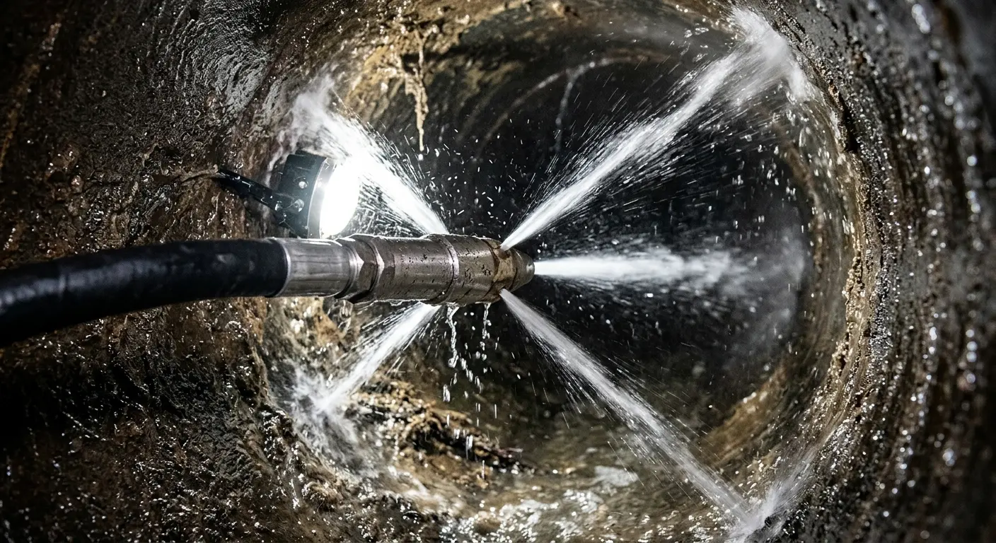 High-pressure hydro jetting nozzle cleaning sewer pipe for Sewer Line Relining in Meridian