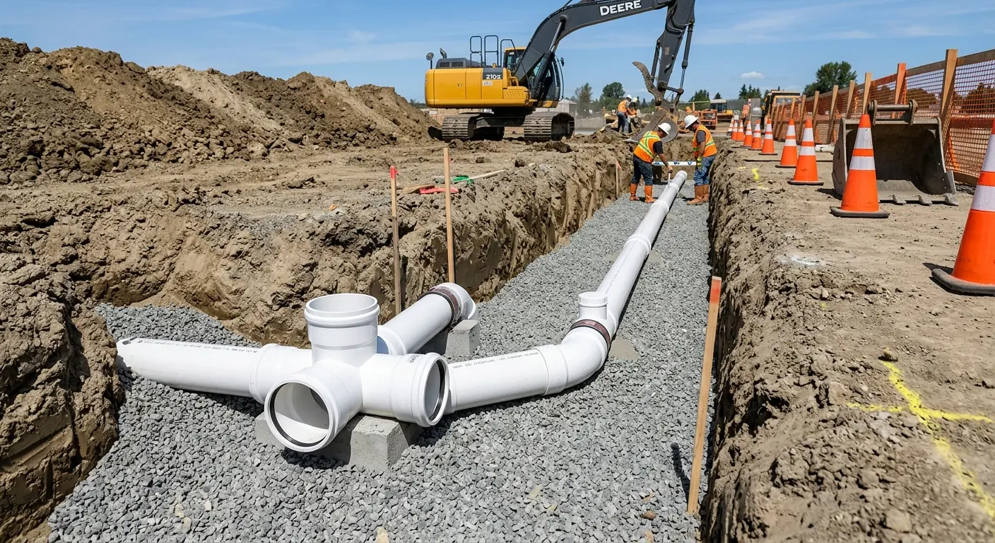 New PVC sewer pipe installation in open trench for Commercial Drain Cleaning in Meridian
