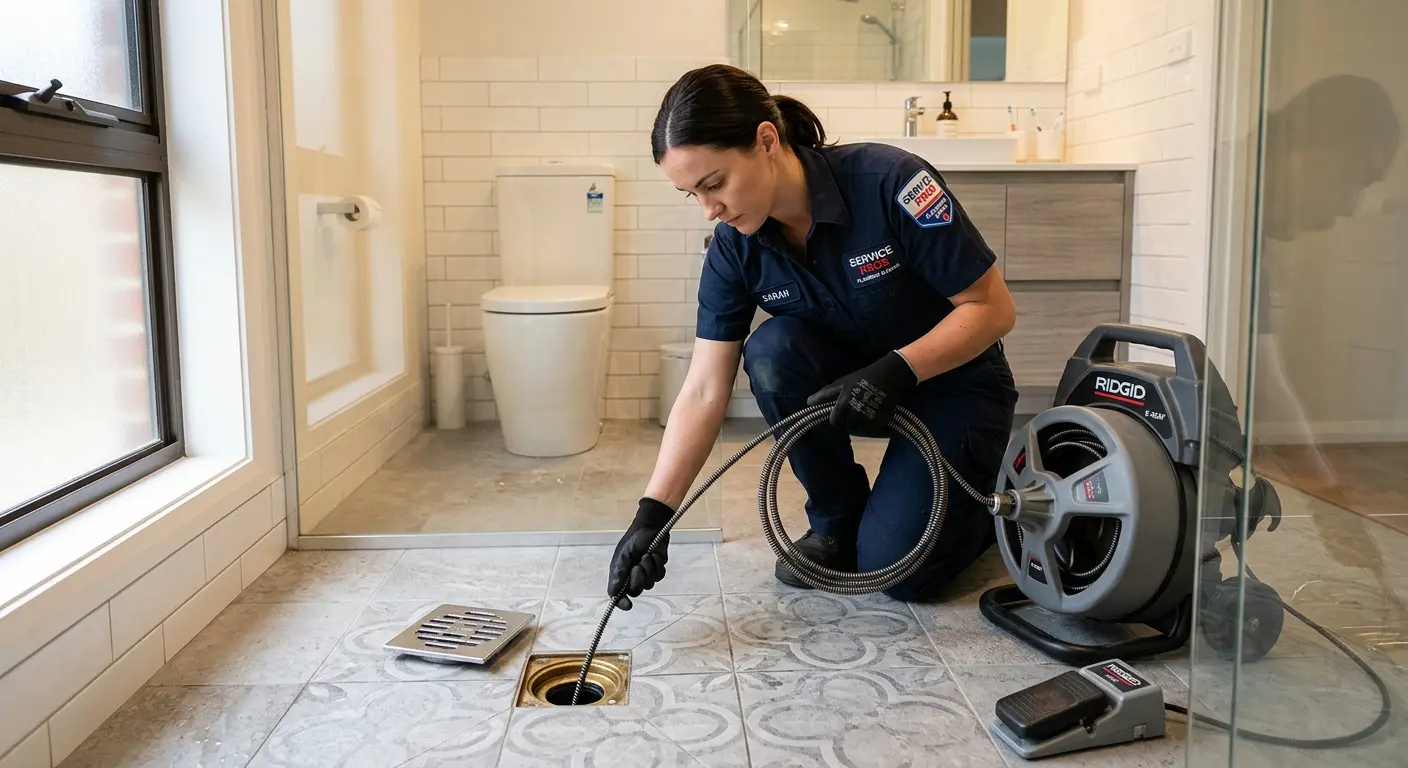 Technician clearing a bathroom floor drain for Clogged Drain Repair in Meridian